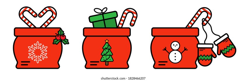 Christmas present bag. Gift illustration with candy and toys. Winter holiday illustration. Christmas decoration. Giftbox from santa. Xmas composition on white background. EPS 10