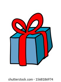 Regalo navideño en una caja azul con una cinta roja sobre un fondo blanco