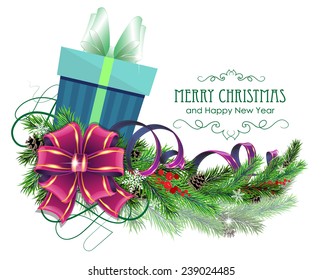 Christmas present with bow, ribbon and fir tree branches on white background