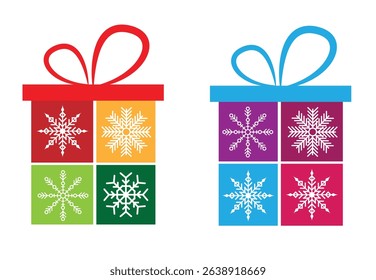 Christmas Present Box Decorated with Snowflake Ornament Set. New Year winter holidays shopping and gifts vector art