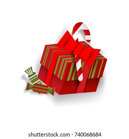 Christmas present box decoration element for Xmas greeting cards, flat vector illustration isolated on white background, 3d paper cutout. Flat style Christmas gift, present box decoration element