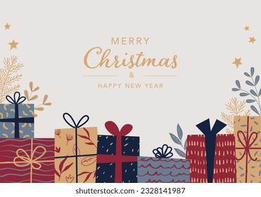 Christmas present box design background. Flat hand drawn design.