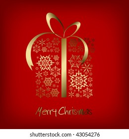 Christmas present box made from golden snowflakes on red background (vector)