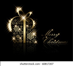 Caja de regalo de Navidad hecha de copos de nieve dorados en negro (vector)