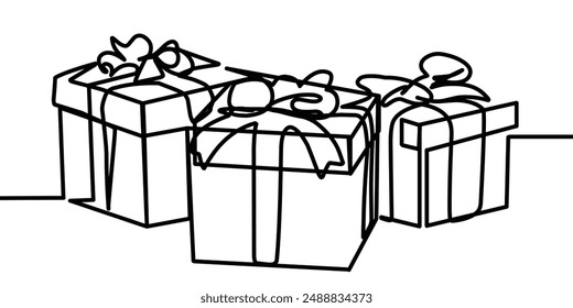 Christmas Present box with ribbon and bow. Continuous one line vector illustration. Wrapped surprise package.  Festive design for print, banner, poster, postcard, Natal greeting card.