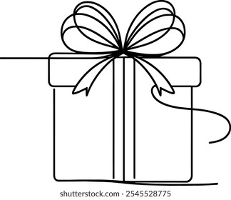Christmas Present box with ribbon and bow. Continuous one line vector illustration. Wrapped surprise package