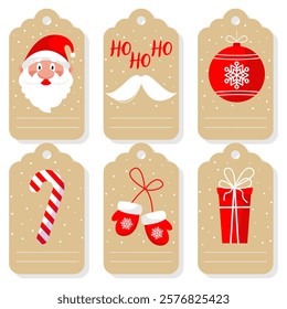 Christmas present box tags and labels with festive decorative elements and empty space for recipient name. Christmas sticker, ticket or tally with a hole to tie to a gift during winter holidays.