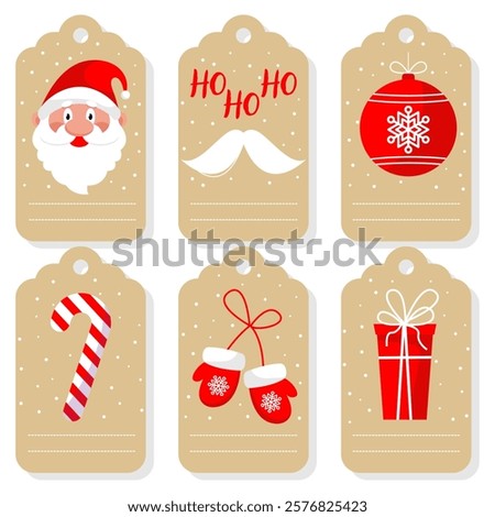 Christmas present box tags and labels with festive decorative elements and empty space for recipient name. Christmas sticker, ticket or tally with a hole to tie to a gift during winter holidays.