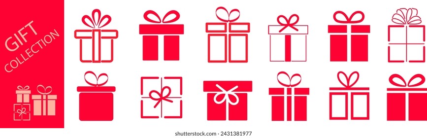 Christmas present box vector symbol in pink filled and outlined style. Surprise gift boxes	
