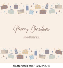 Christmas present boxes on a background with wishes. Xmas greeting card. Vector