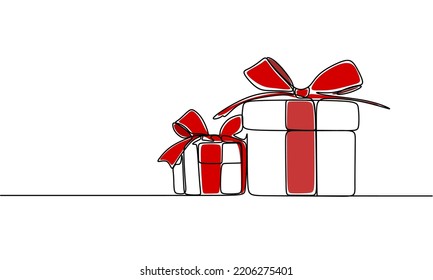 Christmas Present boxes with ribbon and bow. Continuous one line vector illustration. Wrapped surprise package