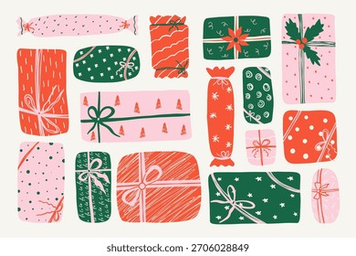 Cajas de regalo de Navidad con cintas. Empaquetado del regalo de la historieta con los Elementos y los patrones festivos de los arcos, envoltura de la decoración del partido del día de fiesta del año Nuevo, diseño de las pegatinas del invierno. Conjunto de Vector.