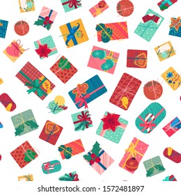 Christmas present boxes with ribbons seamless pattern. New year background. Xmas wallpaper