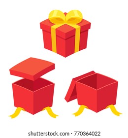 Christmas present boxes set, opening and opened. Red gift box with yellow ribbon bow. Isolated vector illustration