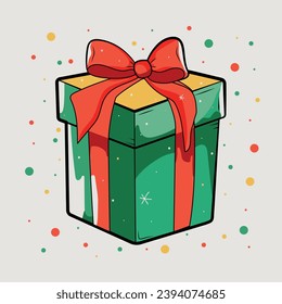 Christmas present cartoon style.  Big green gift box with red ribbon and confetti isolated on light background. Vector illustration.
