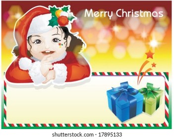 Presente de Natal com bonitinho bonito criança bonita no Feliz X-mas no fundo com luzes brilhantes coloridas : ilustração vetorial