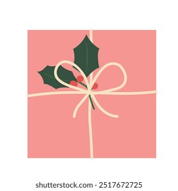 presente de Natal decorado com holly berry galho- ilustração vetorial