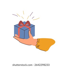 Christmas present with decorative wrapping and bow. Vector isolated hand holding gift for xmas or anniversary, birthday or holiday. Tradition of giving gifts for special occasion for loved ones