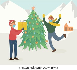 Christmas present delivery to the mountains. Vector flat illustration of a man in a hat, gloves and a medical mask giving a gift to a rejoicing man.