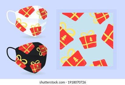 Christmas present face mask mockup with modern abstract seamless pattern. Red wrapped gift box. Flat vector shapes. Texture with trendy cartoon color icons. Decorative design with graphic elements