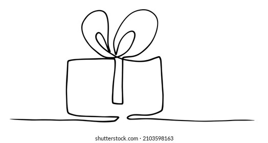 Christmas Present or gift box with ribbon and bow Continuous line style Wrapped surprise package vector illustration