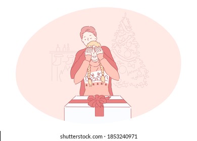 Christmas present, gift, celebration of New Year and winter holidays concept. Smiling boyfriend cartoon character covering girlfriends eyes before showing holiday Christmas present box with ribbon