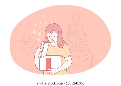 Christmas present, gift, celebration of New Year and winter holidays concept. Small girl cartoon character standing feeling surprised opening box with holiday Christmas present box with red ribbon