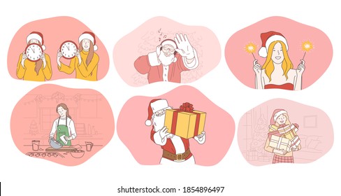 Christmas Present, Gift, Santa, Celebration Of New Year And Winter Holidays Concept. Smiling People Preparing For New Year, Burning Sparklers, Celebrating, Cooking Festive Dinner, Getting Gifts 