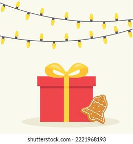 christmas present with gingerbread cookie and lights- vector illustration