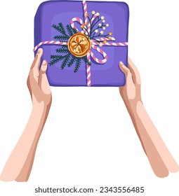 Christmas present in hands. Perfect for greeting postcards and invitations. Xmas and happy new year. Vector.
