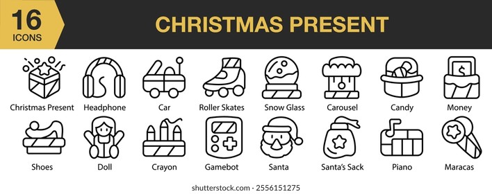 Christmas Present icon set. Includes car, roller skates, snow glass, carousel, candy, money, santa, and More. Outline icons vector collection.