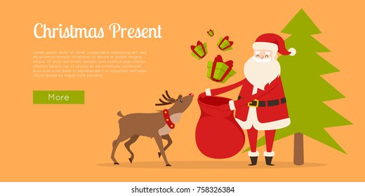 Christmas present Internet ad page. Reindeer helps Santa to prepare gifts for children web banner vector. Green fir tree behind man in red clothes and hat. Presents with red ribbon above big bag