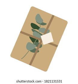Christmas present in kraft paper with twine ribbon and eucalyptus. Rustic gift box. Eco decoration. Xmas and New Year celebration preparation. Vector flat style