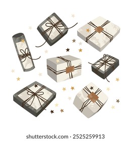 Regalo de Navidad en papel de regalo kraft. Caja de regalo de artesanía rústica. Decoración hecha a mano, bricolaje. Celebración de Navidad y Año Nuevo. Vector plana ilustración de dibujos animados