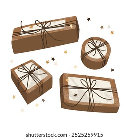 Regalo de Navidad en papel de regalo kraft. Caja de regalo de artesanía rústica. Decoración hecha a mano, bricolaje. Celebración de Navidad y Año Nuevo. Vector plana ilustración de dibujos animados