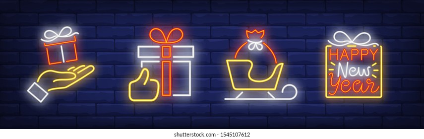 Christmas present neon sign set. Santa, New Year, presents. Night bright advertisement. Vector illustration in neon style for banner, billboard