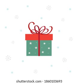 Christmas present on snowflake pattern background. Merry Christmas greeting card.