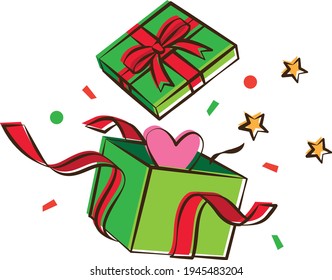 Christmas Present Open colorful giftbox with confetti explosion, celebration, christmas present, star, heart, vector
