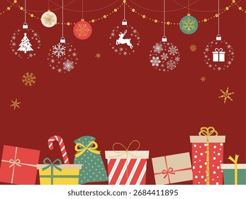 Christmas present and ornament background red_Vector illustration