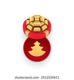 Christmas present package with golden minimalist spruce toy top view 3d icon realistic vector illustration. Xmas New Year surprise open red premium round gift box with bow and fir tree bauble