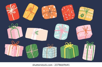 Christmas present set cheerful and colorful gift boxes. This collection captures the festive spirit with its vibrant colors and stylish design.