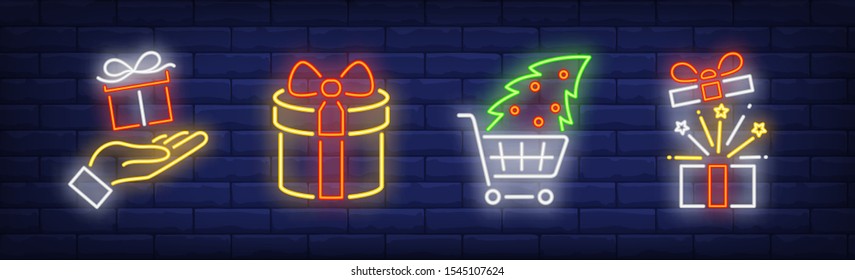 Christmas present set in neon style. Santa, New Year, presents. Night bright advertisement. Vector illustration in neon style for banner, billboard