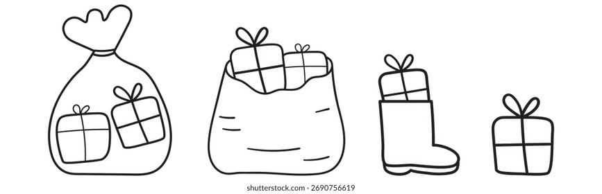 Conjunto de regalo de Navidad. Diseño del Vector del contorno de los sacos del regalo, bota del día de fiesta con el presente y la caja acanalada. Simple colección de ilustración de vacaciones.