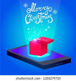 with Christmas present in a smartphone , isometric 3D vector illustration