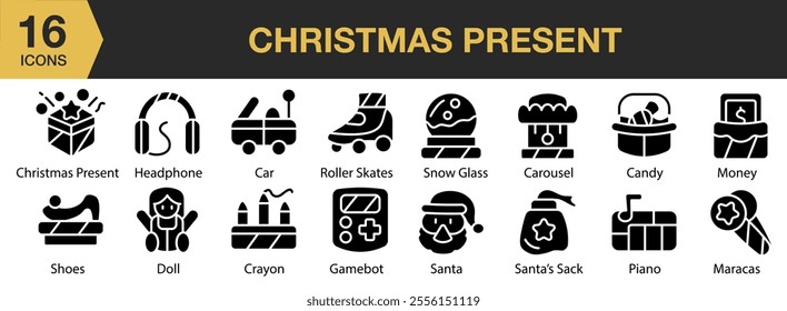 Christmas Present solid icon set. Includes car, roller skates, snow glass, carousel, candy, money, santa, and More. Solid icons vector collection.