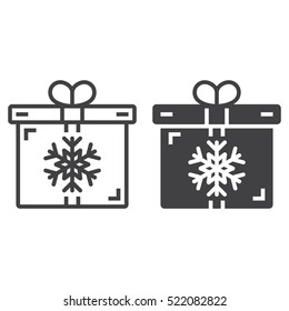 Christmas present symbol. Gift box with snowflake line icon, outline and filled vector sign, linear and full pictogram isolated on white, logo illustration
