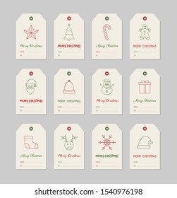 Christmas present tags with festive icons. Xmas ornaments with wishes. Vector