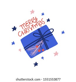 Christmas present vector clip art isolated on white. Decoration gift with pine brunch and stars. Greeting card, poster, banner, design element