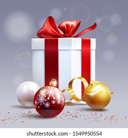 Christmas present, white, red and gold ball on a gray background. An illustration of a Christmas gift or present and bauble tree decorations.
