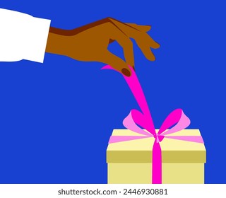 Christmas present. A woman's hand unties a gift box using a decorative ribbon. Theme of holiday, gifts, birthday. Minimalist style image. Vector illustration